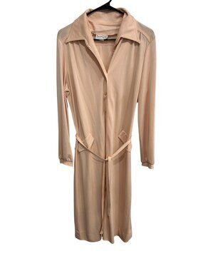 Vintage David Crystal Long Sleeve Button Down Dress Peach Sz 18 Tie Waist Chic
